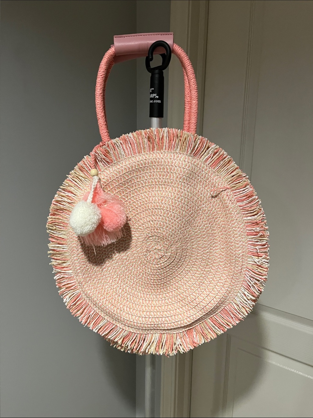 Soft pink Round Straw Tote with Pom Pom Accent
